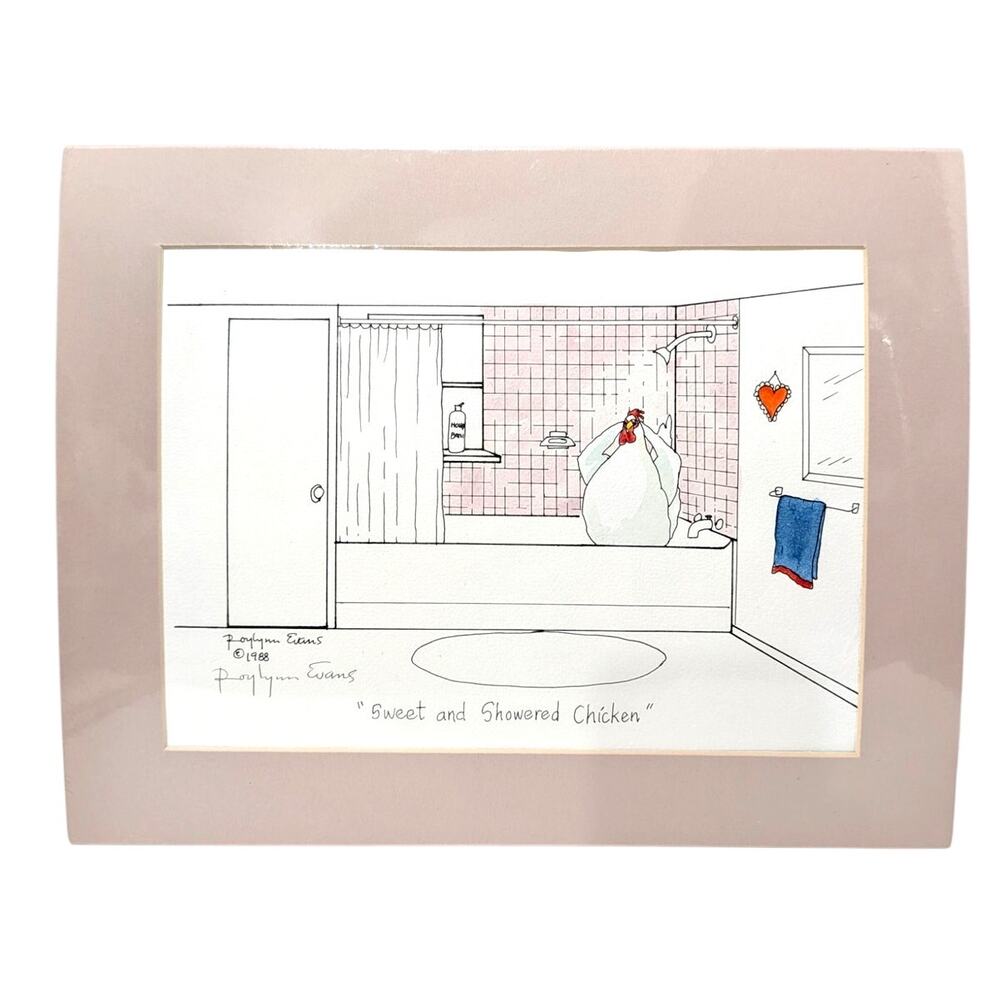 Vtg Sweet and Showered Chicken Signed Art Print Roylynn Evans 1988 Matted Sealed